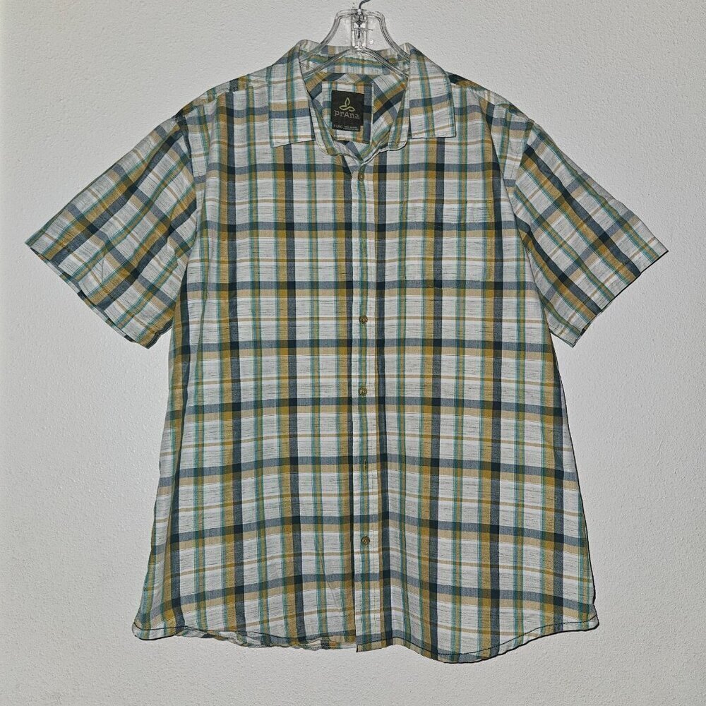 Prana Plaid Shirt Men's XL Button Front Short Sleeves Green Tan Mustard Yellow